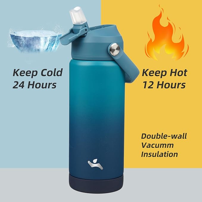 Insulated Water Bottle with Straw Lid,18 oz Stainless Steel Vacuum Metal Bottle with Silicone Handle,Vast