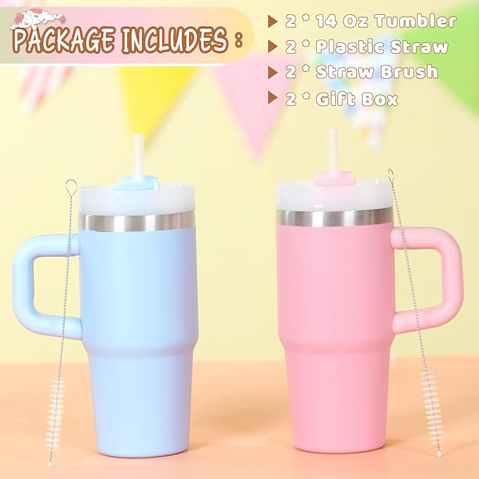 Cosictic 14 Oz Tumbler with Handle and Straw for Kids, Stainless Steel Double Wall Vacuum Insulated Cup for Children, 14 Oz Cups for Kids (Sky Blue, Pink)