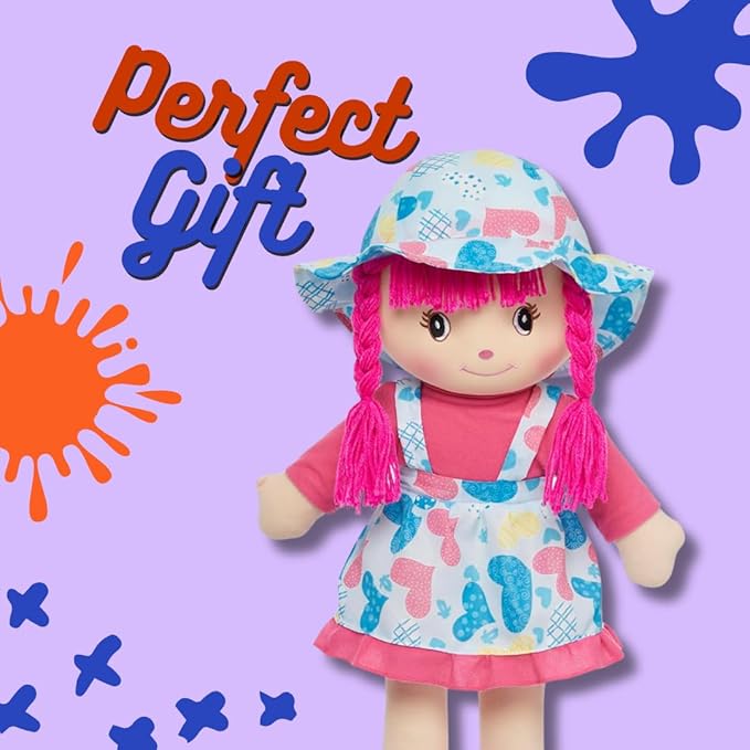 LOVE & HUG 24" Huggable Soft Doll with Blue & Pink Dress and Soft Yarn Hair