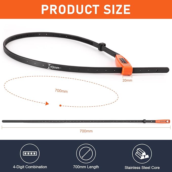 CXWXC Zip Tie Lock - 4-Digit Combo Cable Locks for Bike Motorcycle Helmet, Skateboard, Skis, Snowboard, Stroller & Cabinet - Ideal for Lightweight Security (Orange, 70CM)