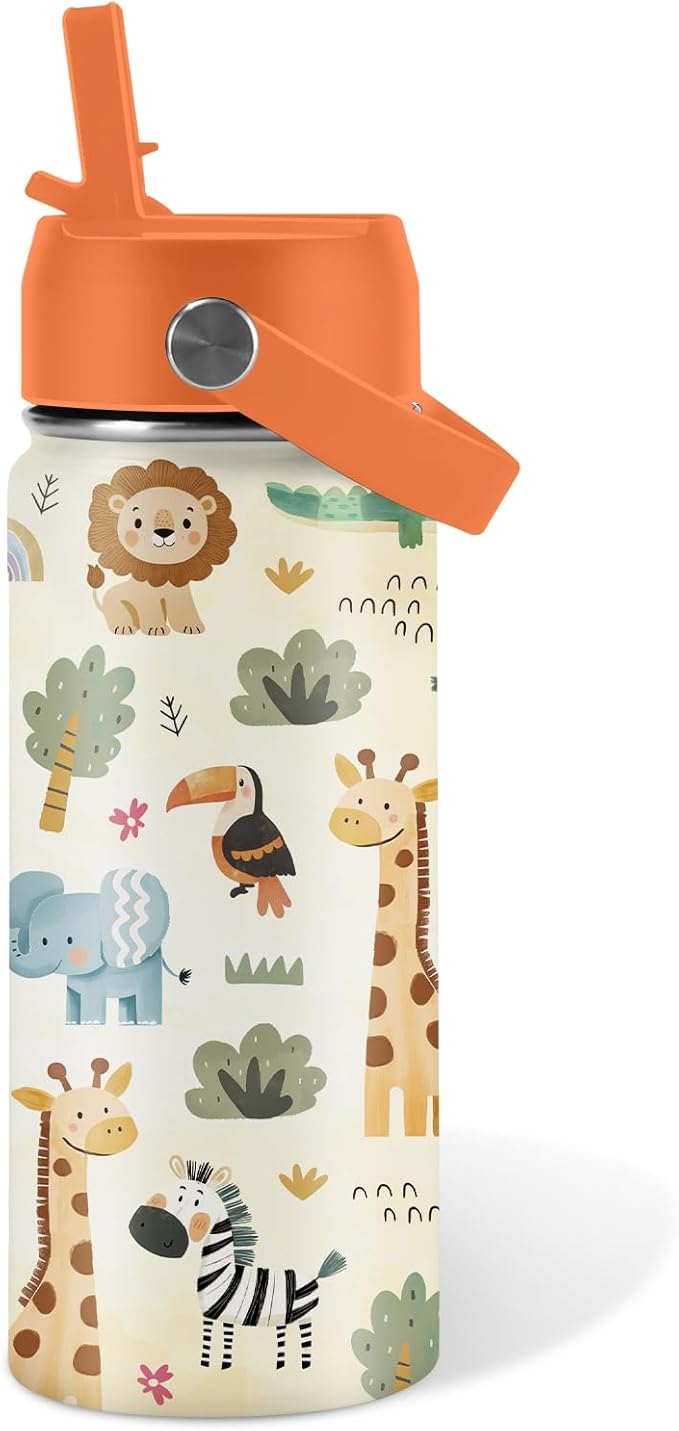16oz Kids Wild Animal Water Bottle with Straw Lid, Stainless Steel Insulated Tumbler, Leakproof, BPA-Free, for Boys & Girls, Travel - Forest Friends Nature Lovers Birthday Gift Cup (1pc)
