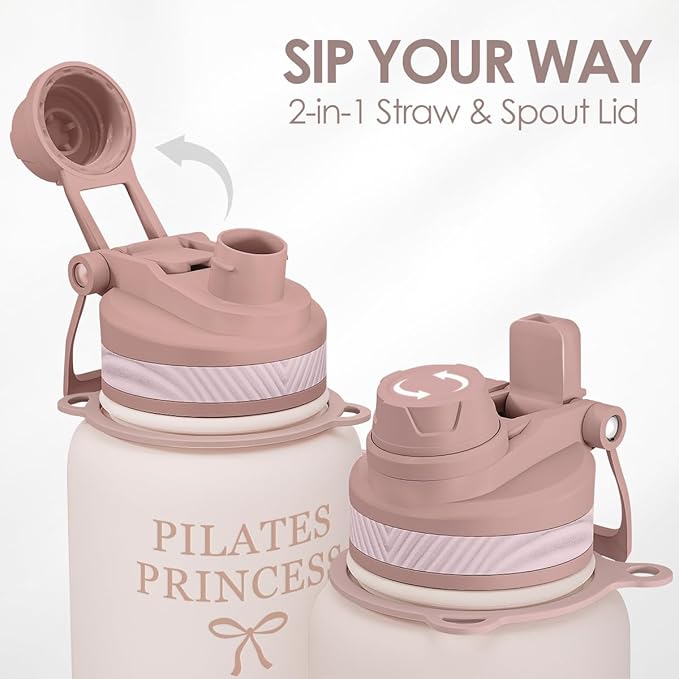 SANDJEST Pilate Stainless Steel Water Bottle with Strap 32oz, Insulated Bottles with Straw and Spout Lid for Gym Sports Travel Outdoor, Gifts for Women Girls Birthday Christmas