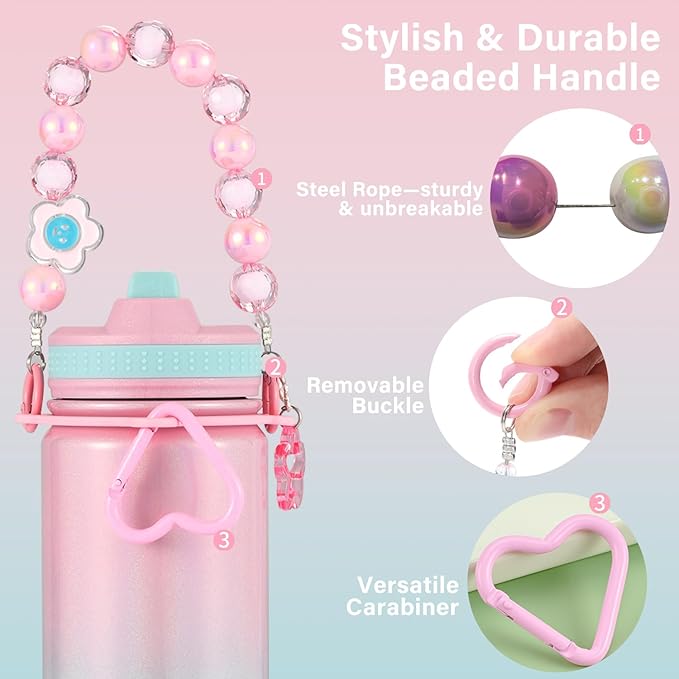 Mininoo Kids Water Bottle for School - 16 oz Stainless Steel Insulated Water Bottle with Ceramic-Lined, Leakproof Straw Lid & Beaded Handle for Girls & Boys