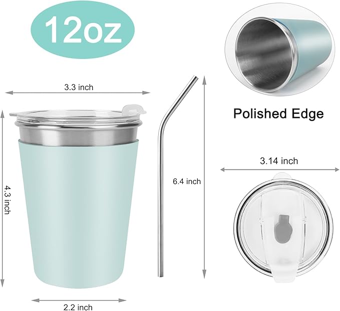 Ymmy Sam 2pcs Stainless Steel Cups with Lid and Straw,12oz Spill-proof Kids Tumblers, with Stainless Steel Straws Unbreakable Metal Cups with Heat-insulated Sleeves for Cold and Hot drinks