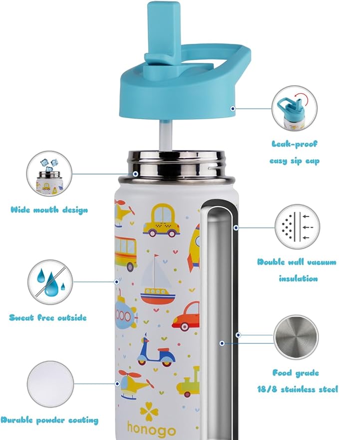 16 oz Stainless Steel Insulated Kids Water Bottle, Leak Proof Metal Thermal Flask with Straw lid, Cute Toddler Tumbler Cup for School Girls & Boys (White, Vehicle)