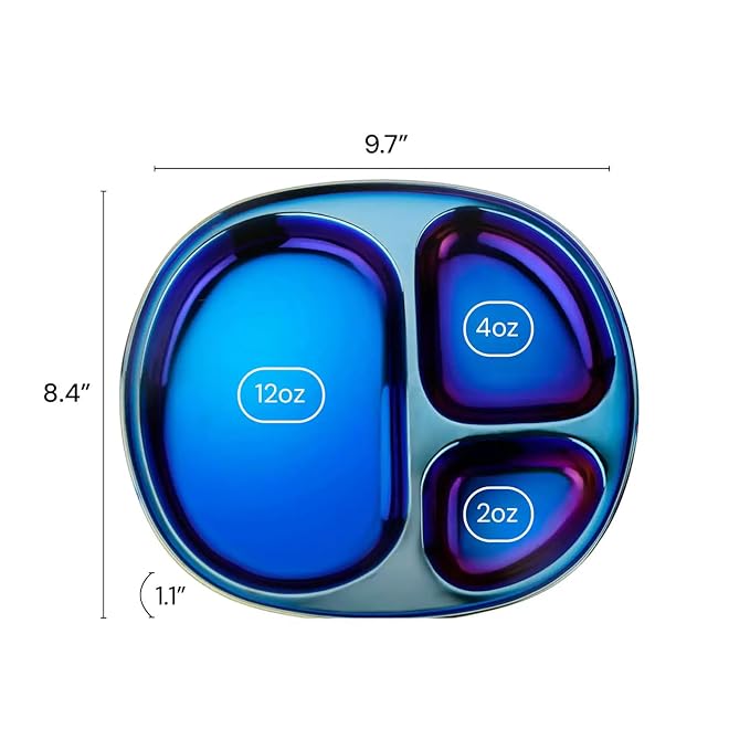 Ahimsa Stainless Steel Plates For Kids, Pediatrician Designed Divided Plates for Toddlers & Baby, Non Toxic, Unbreakable & Dishwasher Safe, Iridescent Blue Set of 4