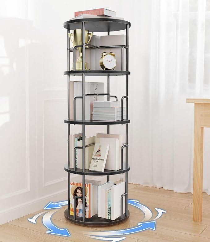 4 Tier Rotating Bookshelf Tower Round Black,50” Floor Standing Spinning Bookshelf Tower Anti-Tipping Design,Metal & Wood Revolving Bookcase Stackable Space Saving for Small Spaces,Study,Living Room
