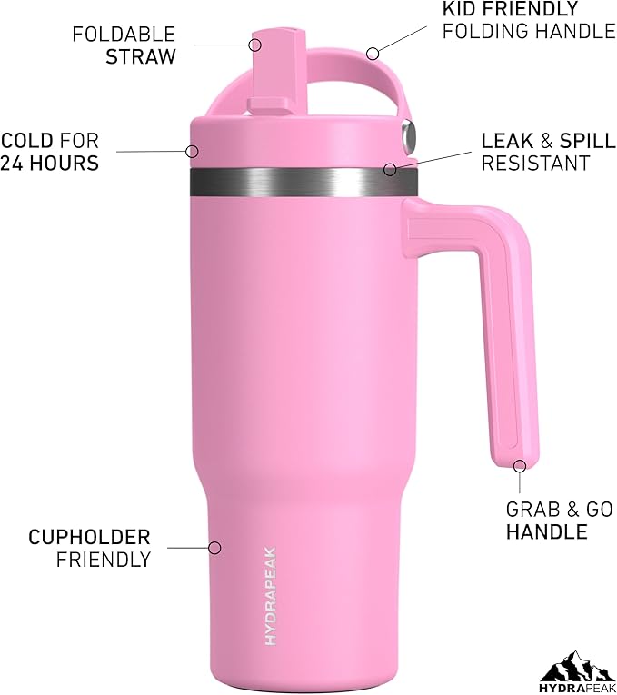 Hydrapeak Kids Voyager 18 oz Tumbler with Handle and Flip-Up Straw Lid | Spill Proof and Leak Resistant | Reusable Stainless Steel Water Bottle | Gift for Kids Boys Girls | Bubblegum