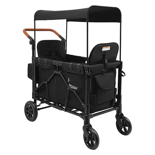 2-Seat Stroller Wagon with 5-Point Harnesses, Collapsible Wagon Stroller for 2 Kids with Adjustable Push Handle & Sun Canopy, Kids Wagon Cart for Children Aged 0-6 Years