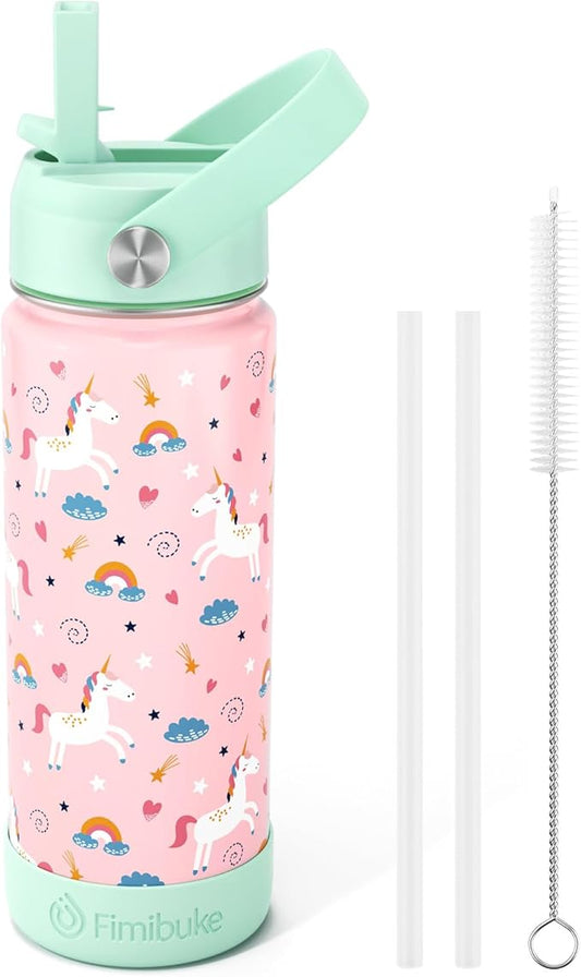 Fimibuke Kids Insulated Water Bottle, 18oz BPA FREE 18/8 Stainless Steel Kids Cup with Straw Travel Tumbler Double Wall Vacuum Leak Proof Toddler Water Bottle for School Boys Girls(1 Pack, Unicorn)