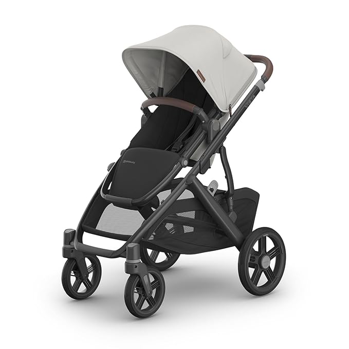 UPPAbaby Vista V3 Stroller - Full-Size Single-To-Double Stroller System - Toddler Seat, Bug Shield, Rain Shield, and Storage Bag Included - Savannah (Pearl Gray Jacquard/Carbon Frame/Chestnut Leather)