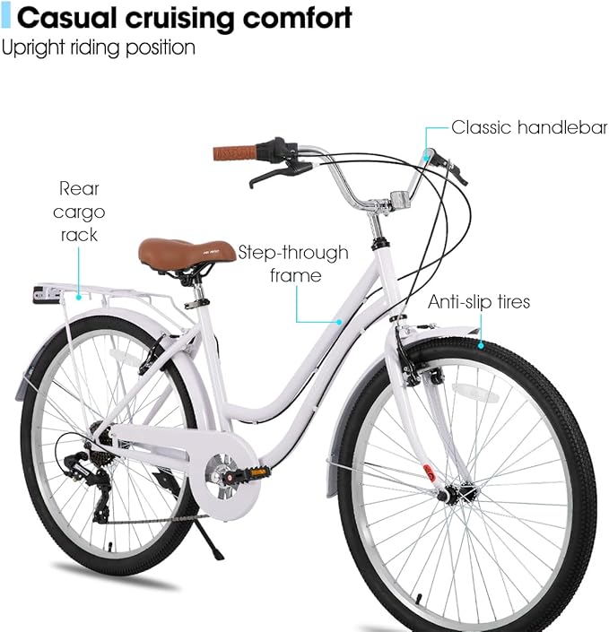 HILAND 26 inch Beach Cruiser Bike for Men and Women, 7 Speed Step-Through Frame Adult Bicycle with Rear Rack, Retrospec Bike Commuter City Bicycle