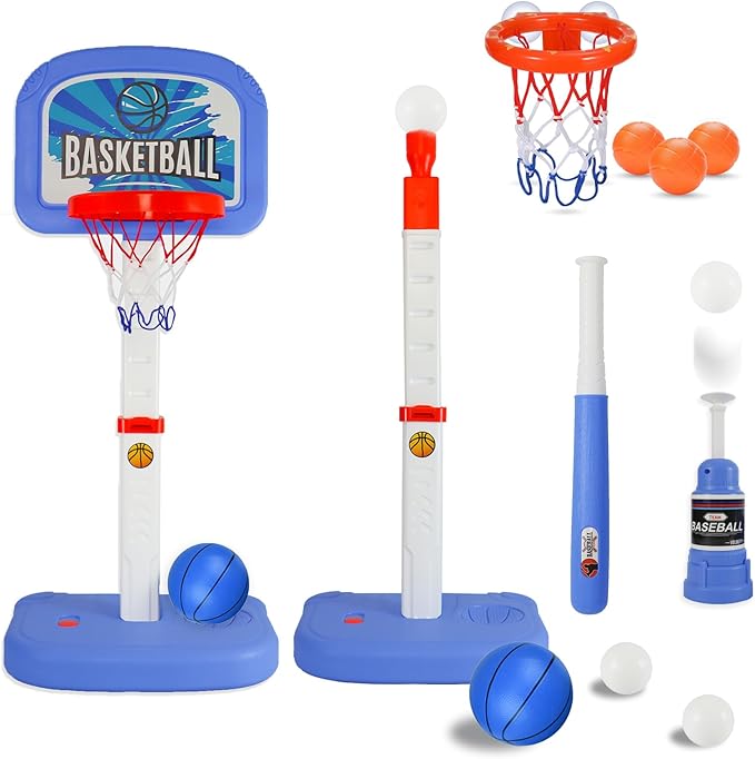 2 in 1 Toddler Basketball Set with Automatic Pitching Machine, Adjustable Height, Bathtub Hoop for Indoor/Outdoor Play, Blue