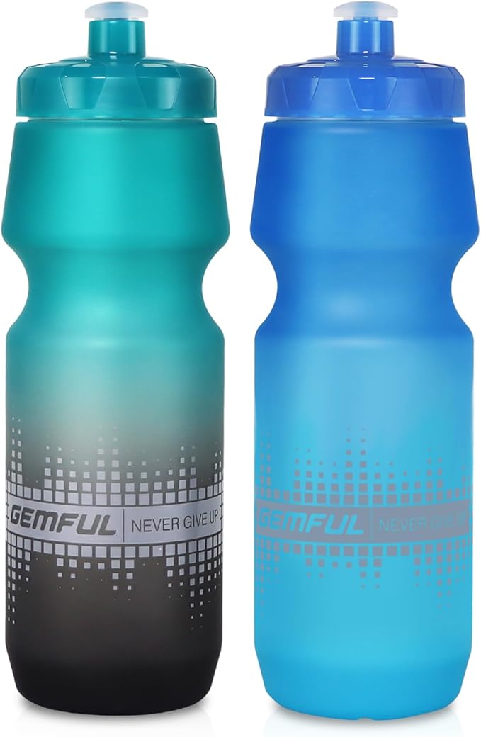 GEMFUL Bike Water Bottle 24oz Cycling Water Bottle BPA-Free with Leak-Proof Lid Squeeze Design 2 Pack No-Sweat Grip Fits Standard Bike Cages for Mountain Road Bikes (Gradient Green Black+Blue Green)
