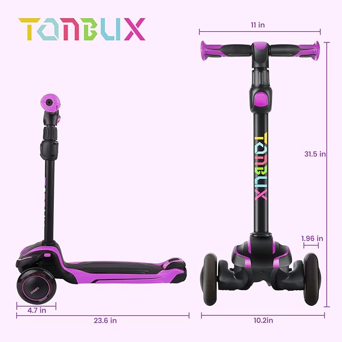 TONBUX Kids Scooter for Age 3-12, Toddler Scooter with 4 Adjustable Heights, Light Up 3-Wheels Scooter, Shock Absorption Design, Lean to Steer, Balance Training Scooter for Kids