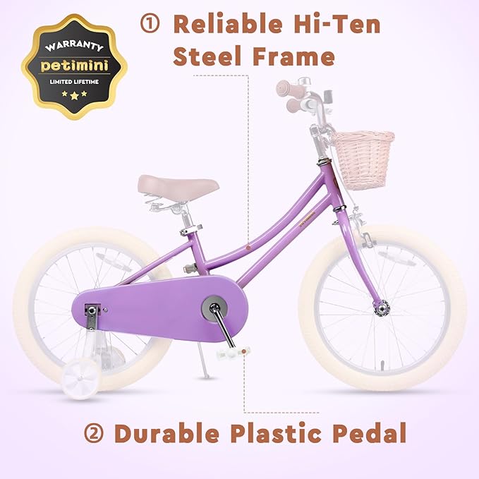 Petimini Girls Bike with Basket for 2-12 Years Old Kids, 12 14 16 18 20 Inch Bicycle with Bell Training Wheels Basket, Multiple Colors