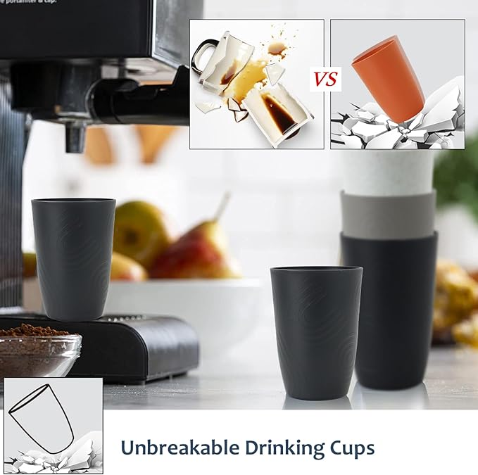 Wheat Straw Cups 6 PCS Plastic Cups Reusable Unbreakable Drinking Cup Dishwasher Safe Water Glasses with Unique Pattern(16 OZ,Black Grey)