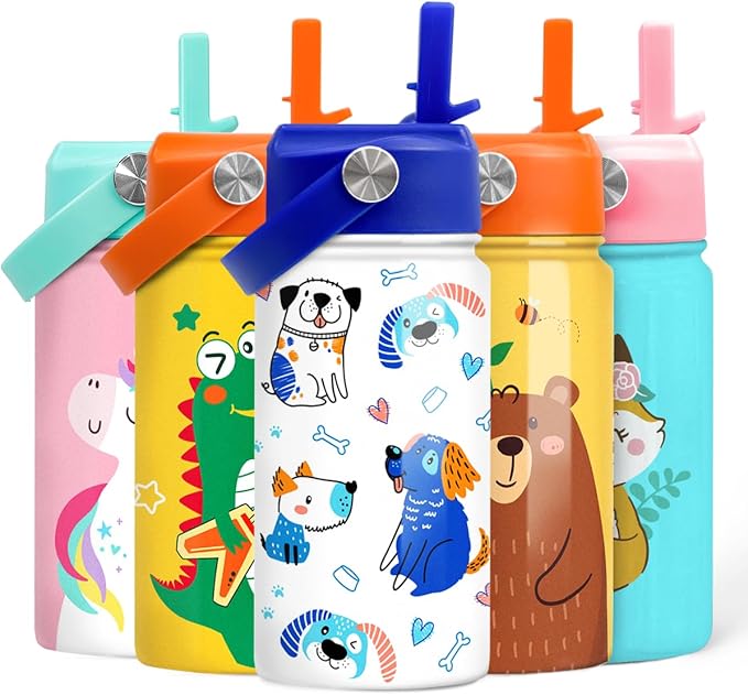 Dog Water Bottle - Kids Water Bottle with Straw Lid - 12 Oz Insulated Stainless Steel Water Bottles for Kid Boys - Travel Cup for School Sports