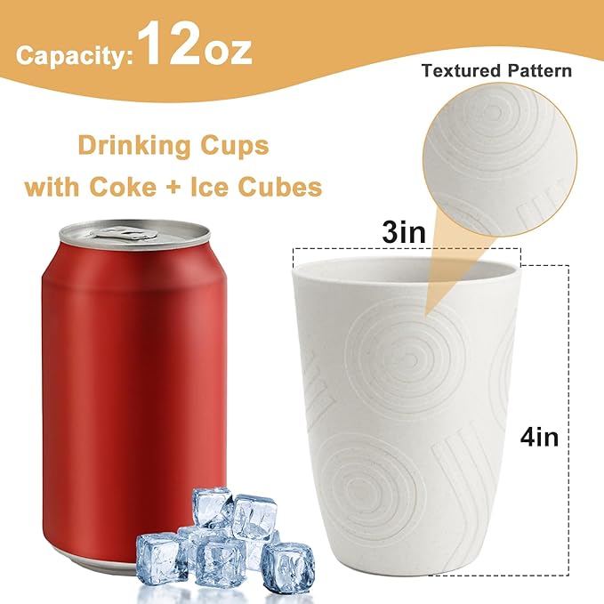 Drinking Glasses - Wheat Straw Cups Unbreakable Plastic Tumbler Set of 6 Alternative to Plastic Glasses Drinking Reusable Drinking Cup Dishwasher Safe Water Glasses Cups 12 OZ - White