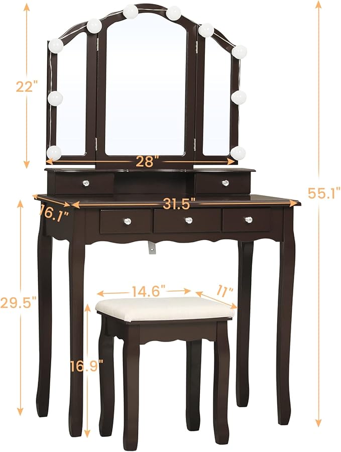 Tiptiper Vanity Desk, Makeup Vanity Set with Lighted Mirror and Stool, Dressing Table with 5 Drawers, 3 Light Settings & Adjustable Brightness, Espresso