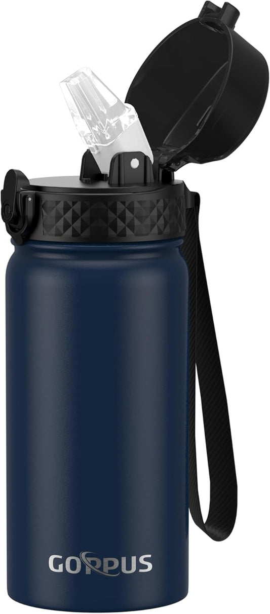 Kids Water Bottle, GOPPUS 14 Oz Stainless Steel Travel Bottle, Double Wall Vacuum Leak Proof Kids Cup for School Boys Girls, Navy Blue