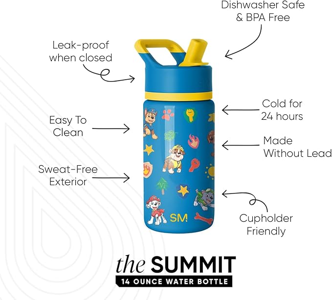 Simple Modern Kids Summit Water Bottle with Straw Lid | Paw Patrol 14oz Stainless Steel Cup Insulated Tumbler for Toddlers, School | Outdoor Adventures