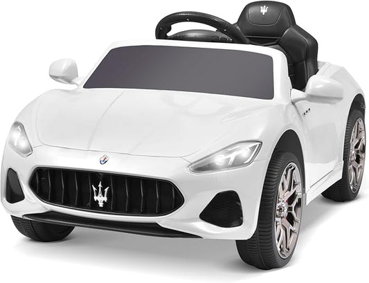 Joywhale 12V Kids Ride on Car Licensed Maserati Battery Powered Electric Vehicle for Ages 3-6, with 2.4G Remote Control, Metal Suspension, Safety Belt, Bright Headlights, Music & FM, White, DP-M02L