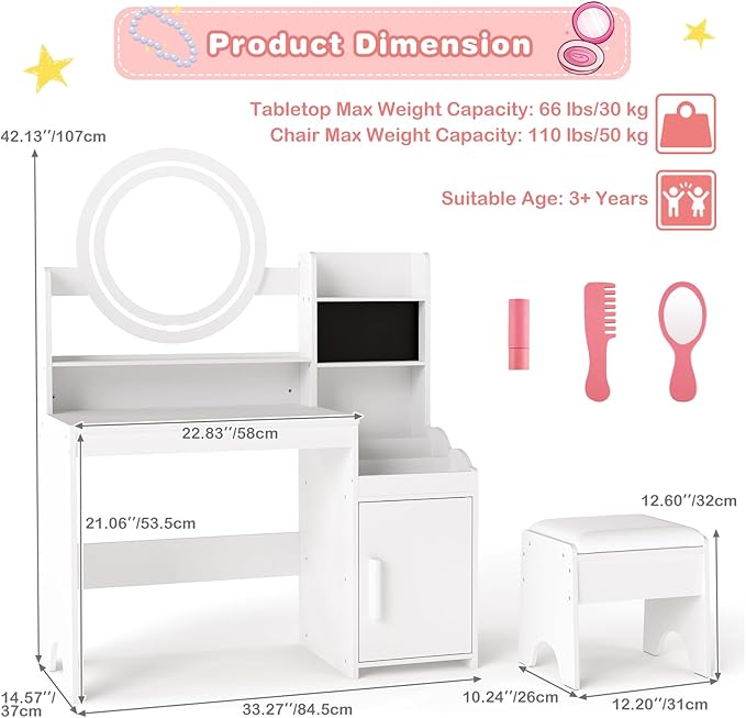 INFANS Kids Vanity with Lights, Princess Makeup Desk with Mirror Storage Shelves, Toddler Table and Chair Set Pretend Play for Girls Aged 4-9 (White)