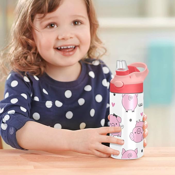 Kigai Cute Pig Kids Water Bottle, Vacuum Insulated Stainless Steel Water Bottle, Double Walled Leakproof Tumbler Travel Cup for Girls Boys Toddlers, 12 oz
