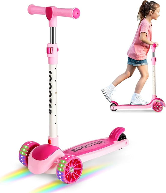 LENOGE Kids Scooter, Toddler Scooter with 3 Flashing LED Big PU Wheels Kick Scooter for Kids Folding Adjustable Height Kick Scooter Toys for Ages 3-6 Boys Girls