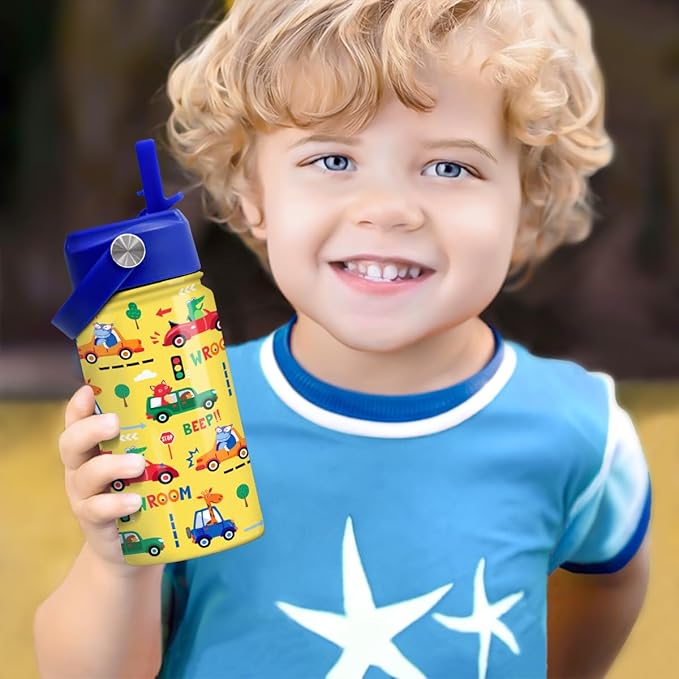 Kids Water Bottle with Straw Lid - 12 Oz Insulated Stainless Steel Vehicle Cars Water Bottles for Kid Boys - Travel Cup for School Sports