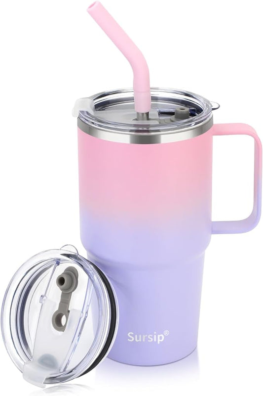 Sursip 24 oz Insulated Cup with Handle, Double Wall Vacuum Stainless Steel Tumbler with Straw and 2 Lids, For Cold/Hot Drinks, Coffee Travel Mug for Car/Home/Office/Party/Camping (Pink＆Purple-1 Pack)