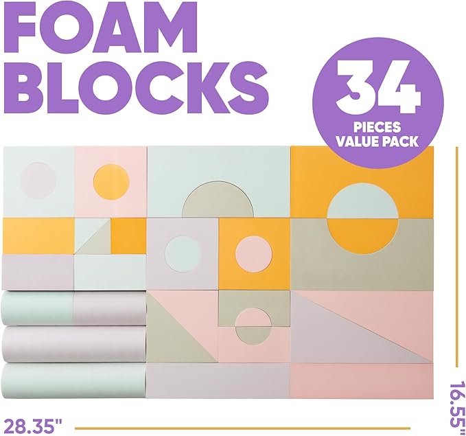 Set of 34 Jumbo Large Foam Blocks for Toddlers - Stacking Soft Blocks for Kids with Shapes & Colors Learning - Construction Building Preschool Toys - Giant Foam Bath Blocks for Toddlers 3-5 & above