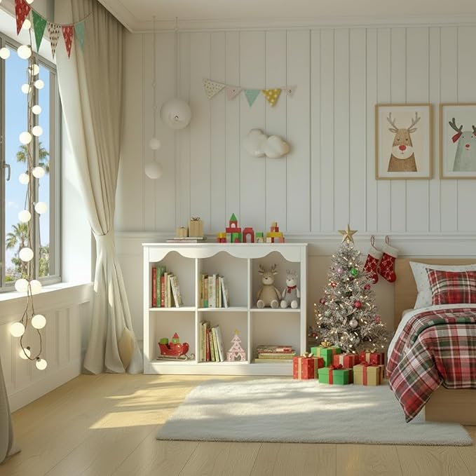 Kids Bookshelf Toy Storage Organizer Wooden Book Shelf Montessori Bookcase 6 Cube Dutch Design,Milkywhite