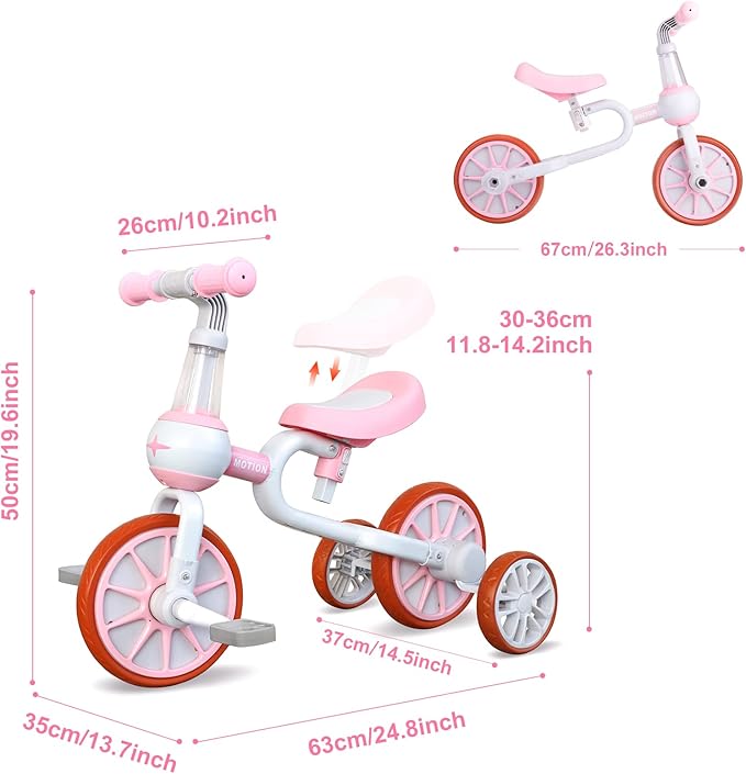 XIAPIA 3 in 1 Toddler Bike for 2-4 Year Old Girl Boy, Kids Tricycle with Adjustable Seat, Detachable Pedal and Training Wheels, Baby Balance Bike Trikes Riding Toys, Kids Chirstmas Birthday Gifts Pink