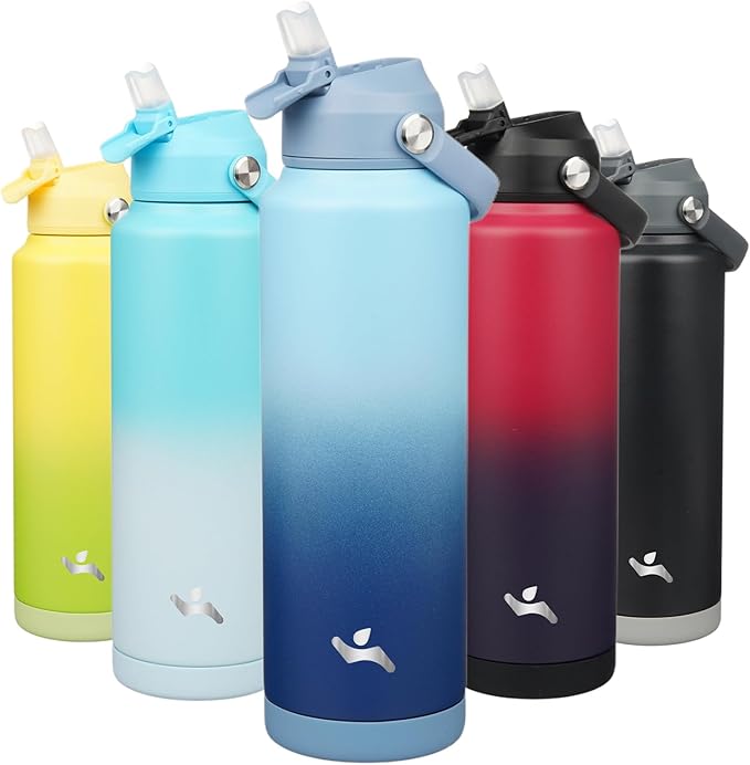 Insulated Water Bottle with Straw Lid,40 oz Stainless Steel Vacuum Metal Bottle with Silicone Handle, Sky