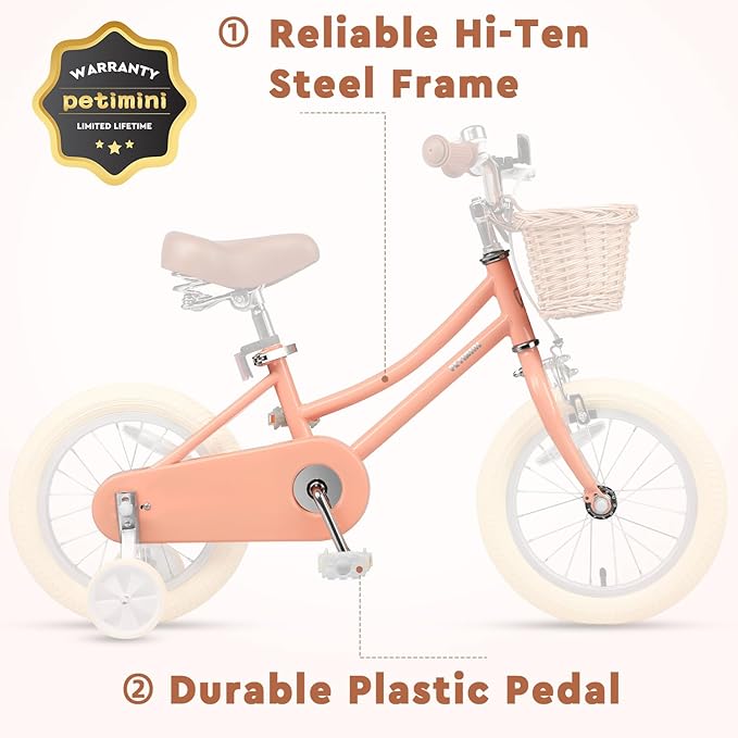 Petimini Girls Bike with Basket for 2-12 Years Old Kids, 12 14 16 18 20 Inch Bicycle with Bell Training Wheels Basket, Multiple Colors