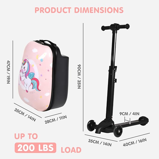 smilesun 4-in-1 Detachable Scooter Suitcase for Kids & Teenagers, Lightweight Hardside Ride-On Suitcase, Foldable Design, Perfect Travel Gift for Girls(Pink Cute Pony 22-inch)