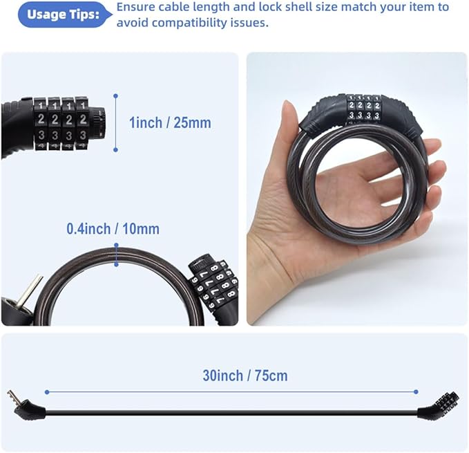 Bike Lock Cable, 30-inch Combination Lock, 4-Digit Resettable, Black