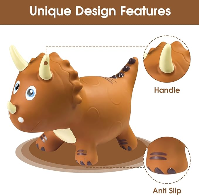 HotMax Dinosaur Bouncy Hopper Toys, Inflatable Ride on Bouncy Animals, Triceratops for Kids, Birthday Gift for 18 Months - 4 Year Old Boy or Girl (Brown)