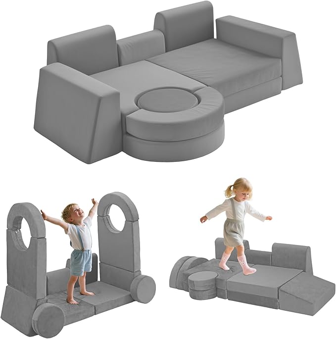 13Pcs Modular Kids Play Couch Toddler Couch Kids Sofa Playroom Furniture Convertible Foam and Floor Cushion Highly Elastic Foam for Boys and Girls (Light Gray)
