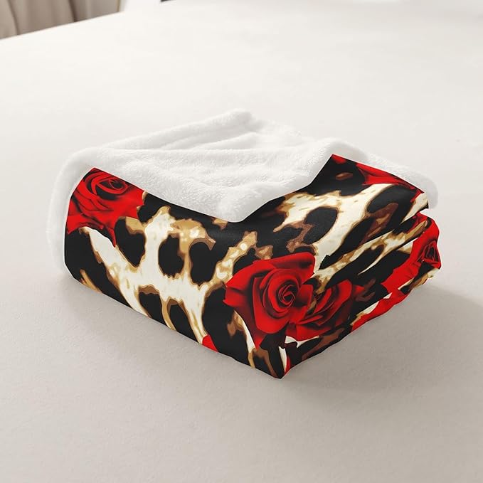 Leopard Print Fleece Throw Blanket Rose Flower Plush Blanket for Couch Bed Sofa Room Decor Red Floral Petal Pattern Sherpa Blanket Branches Green Leaf Cheetah Print Flannel Blanket 40x50 Inch