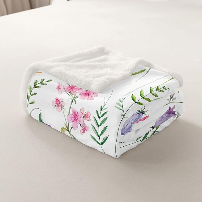 Pink Poppy Sherpa Fleece Throw Blanket - Floral Printed Plush, Ultra Soft, 40x50 Inch