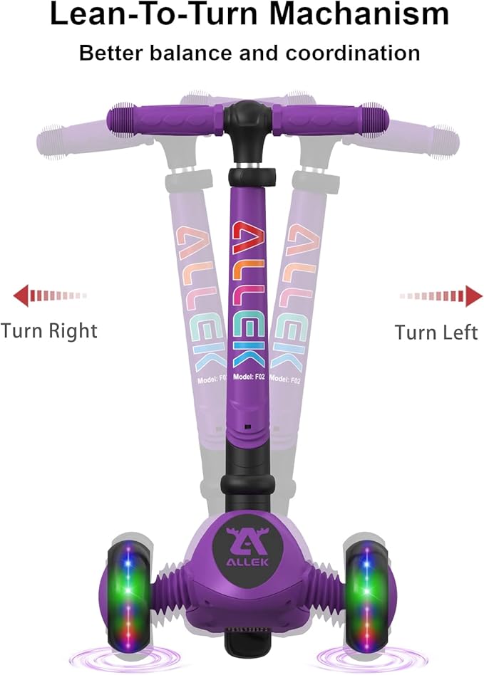 Allek Kick Scooter Foldable F02, 3-Wheel LED Flashing Glider and 4 Adjustable Height with Anti-Slip Thick Deck Push Scooter for Children 3-12yrs