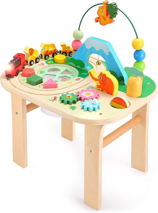 wingyz Activity Table for 1 Year Old Toddler, 9-in-1 Multi-Colorful Wooden Montessori Toys, Baby Play Table with Bead Maze Shape Sorter Train Toy, Educational Gifts for Kids Boys Girls