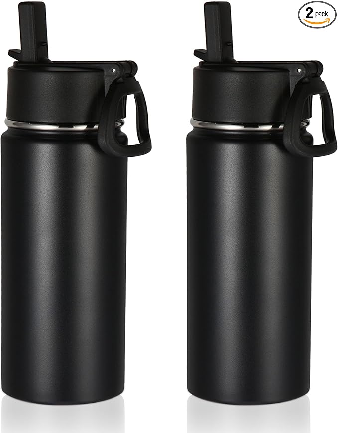 Volhoply 16 OZ Kids Water Bottle Bulk 2 Pack,Insulated Sports Bottles with Straw Lid,Stainless Steel Bottle with Handle Keep Cold & Hot,Double Wall Vacuum Tumbler Cups for School,Girls(Black, 2)