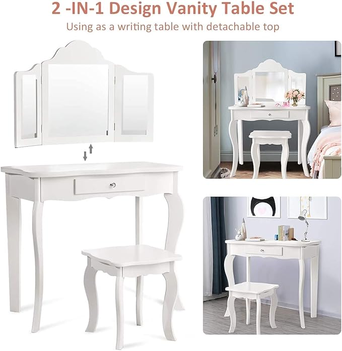 Costzon Kids Wooden Vanity Table & Stool Set, 2 in 1 Detachable Design with Dressing Table and Writing Desk, Princess Makeup Dressing Table with Two 180° Folding Mirror, for Girls, Kids (White)
