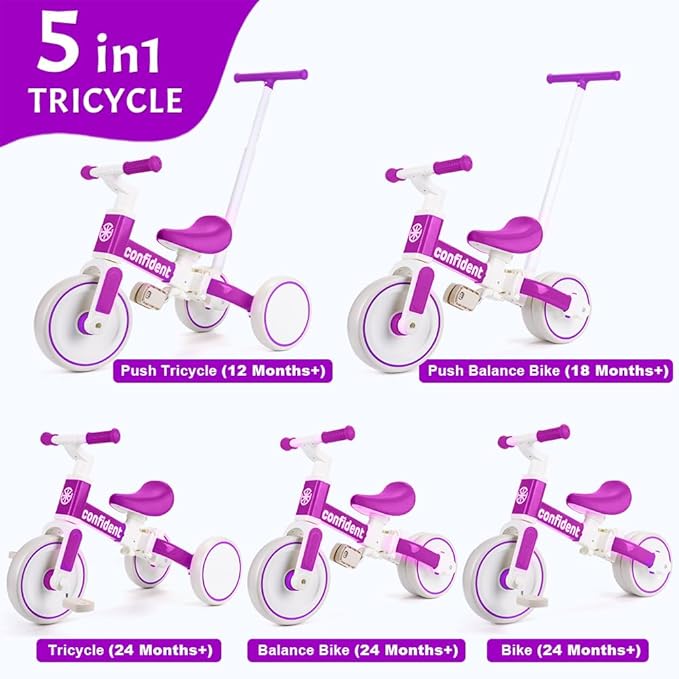 XIAPIA Tricycles for 1-3 Year Olds, 5 in 1 Toddler Balance Bike with Removable Pedal, Push Trike Toys with Adjustable Pushrod for 2 3 4 5 Year Old Boys & Girls, Birthday Gifts for Kids