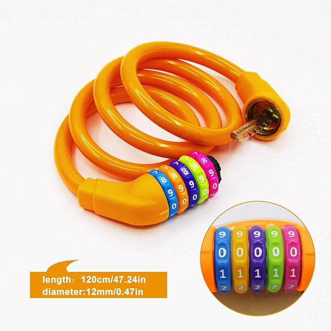Bike Lock Cable - 4 Feet Resettable Cable Lock - Self Coiling 5 Digit Combination Bicycle Lock (Orange)