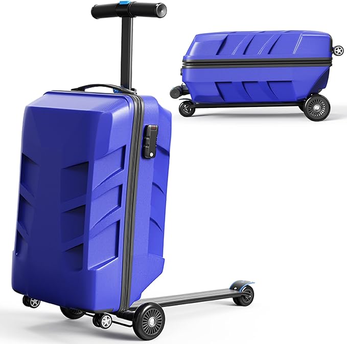 Scooter Suitcase 3-D Hardshell Ride Scooter Luggage for Kids Age 7-15, Cute Lightweight Kids Luggage with Wheels, Girls&Boys Multifunctional Ride On Travel Trolley Scooter Combo-Blue